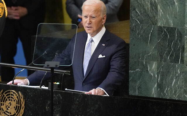 Le président Joe Biden s'adresse à la 77e session de l'Assemblée générale des Nations unies le mercredi 21 septembre 2022 au siège de l'ONU. (Crédit : AP Photo/Evan Vucci)