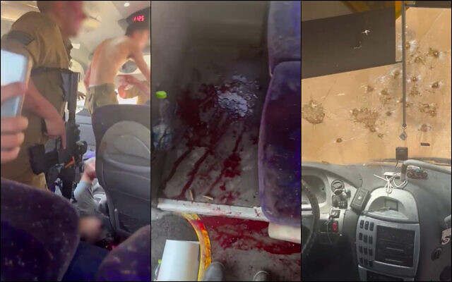 Trois captures d'écran montrent les suites immédiates d'une attaque par balles contre un bus transportant des soldats dans la vallée du Jourdain, le 4 septembre 2022. (Autorisation)