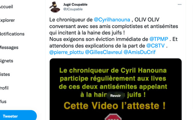 Tweet de la page Twitter « Jugé coupable » au sujet d’Olivier Rohaut, chroniqueur régulier de l’émission « Touche Pas à Mon Poste » de Cyril Hanouna sur C8.