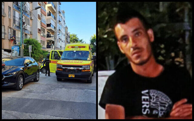 À gauche, la scène du meurtre d'une femme de 84 ans à Holon, le 20 septembre 2022 ; à droite, le suspect de l'attaque, identifié par la police comme étant Mousa Sarsour, de Qalqilya. (Crédit : Magen David Adom/Police israélienne)