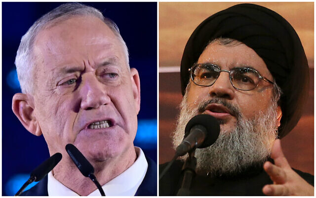 Le ministre de la Défense Benny Gantz, à gauche, et le leader du Hezbollah Hassan Nasrallah, à droite. (Crédit :  Tomer Neuberg/Flash90; Hussein Malla/ AP Photo)