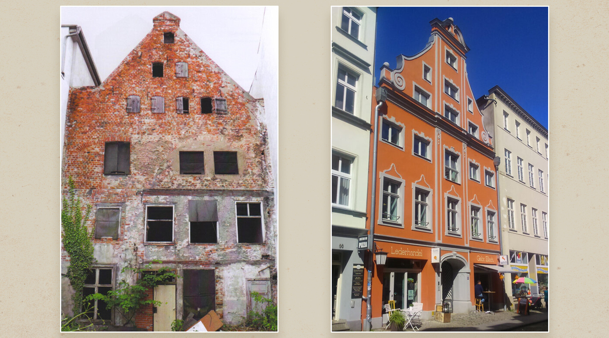 Le bâtiment qui abritait l'entreprise de maroquinerie des Blach, avant et après sa restauration par Friederike Fechner et son mari Martin, Heilgeiststrasse 89, à Stralsund, en Allemagne. (Crédit : Fechner/JTA)