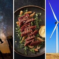 Dans ce photomontage, on voit de gauche à droite : un ciel étoilé et des équipements d’astrophotographie en Israël. (Crédit : Yael Ne’emen via le ministère de l’Innovation, de la Science et de la Technologie), un bifteck végétal de Redefine Meat (Crédit : Redefine Meat)et des éoliennes (Crédit : RnDmS via iStock de Getty Images)