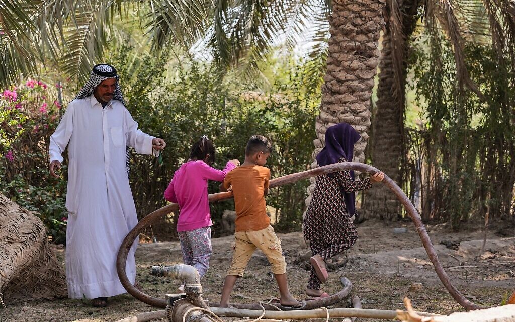 L'agfriculteur irakien Jabar al-Fatlawi et ses enfants inspectent le système de drainage pour le préparer à être remis en fonction alors que l'autorité des ressources hydrauliques de Najaf se prépare à creuser un puits dans le désert, aux abords de Najaf, dans le centre du pays, le 10 octobre 2022. (Crédit : Qassem al-KAABI / AFP)