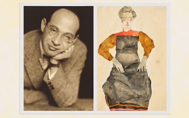 L'artiste de cabaret et uncollectionneur d'art juif autrichien, Fritz Grünbaum, à gauche. La "Femme au tablier noir" d'Egon Schiele, à droite. (Crédit : Christie ’s Images LTD. 2022/Getty Images/JTA)