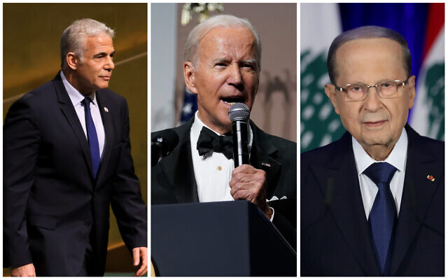 De gauche à droite : Le Premier ministre Yair Lapid, le président américain Joe Biden et le président libanais Michel Aoun. (Crédit : Collage/AP)