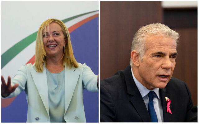 La Première ministre italienne, Giorgia Meloni et le Premier ministre Yair Lapid. (Crédit : AP)