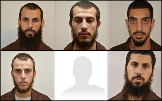 Des suspects arrêtés pour leurs liens présumés avec l'État islamique, une image publiée le 2 octobre par le Shin Bet, dans le sens des aiguilles d'une montre et depuis en haut à gauche : Muhammad Ihab Suleiman, Muamen Nijam, Jihad Bakr, Jafar Suleiman, Ahmed Belal Suleiman. (Crédit : Shin Bet)