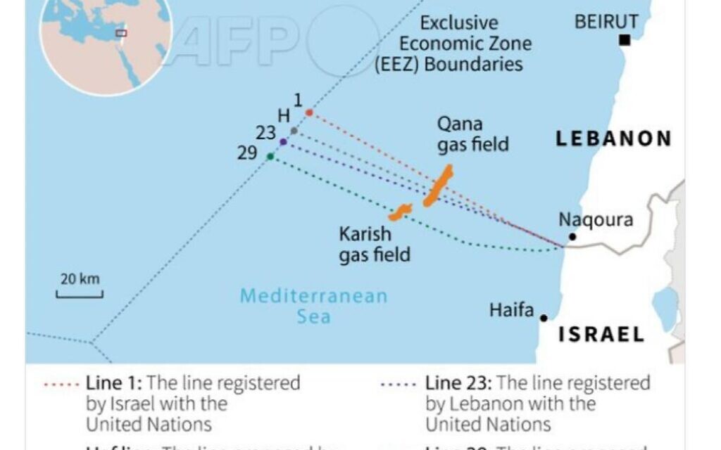 Carte illustrant les revendications relatives à la frontière maritime entre Israël et le Liban. (Crédit : AFP)