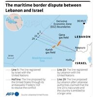 Carte montrant les revendications relatives à la frontière maritime entre Israël et le Liban. (Crédit : AFP)
