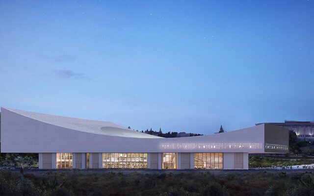 Un rendu architectural du nouveau bâtiment de la Bibliothèque nationale d'Israël, dont l'ouverture est prévue en 2023. Le bâtiment a été conçu par le cabinet suisse Herzog & de Meuron. (Crédit : Herzog & de Meuron 2022)