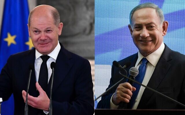 Photo composite du chancelier allemand Olaf Scholz (à gauche) et de Benjamin Netanyahu. (Crédit : Michael Varaklas et Ariel Schalit/AP)