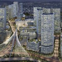 Un rendu d'artiste du projet Jerusalem Gateway visant à construire de nouveaux quartiers résidentiels et commerciaux à l'entrée ouest de la ville. (Crédit : Eden, la société de développement économique de la municipalité de Jérusalem/Autorité foncière israélienne)