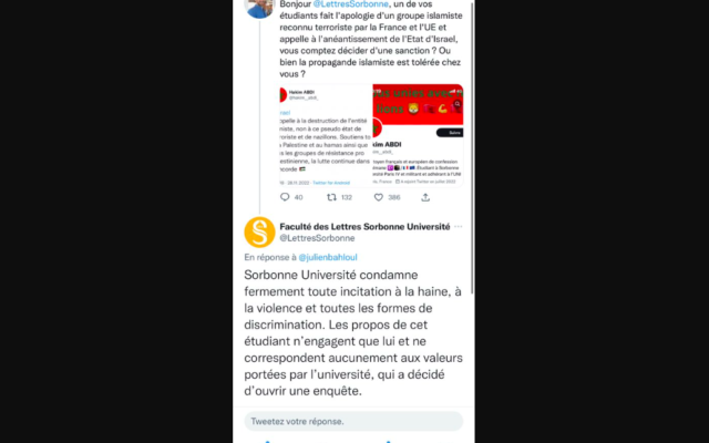 Les tweets de Hakim Abdi, de Julien Bahloul les dénonçant, et de l’Université Paris-Sorbonne annonçant ouvrir une enquête. (Crédit : Twitter)