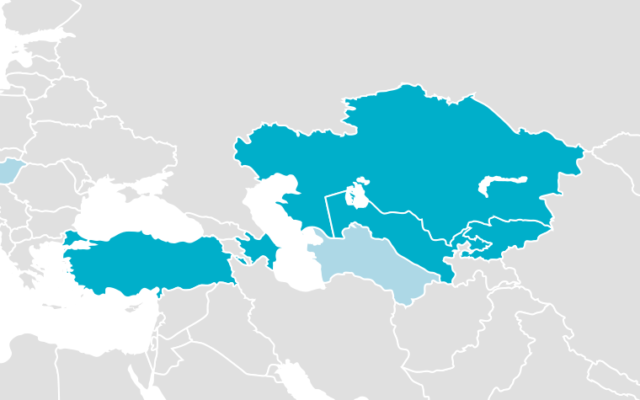 Carte des membres de l'Organisation des Etats turciques. (Crédit : AteshCommons / Domaine public)