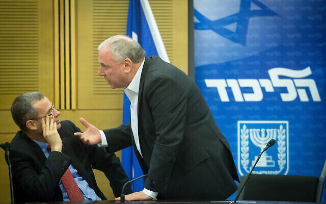 Les députés Yariv Levin (à gauche) et  David Amsalem lors d’une réunion des factions du Likud à la Knesset le 25 décembre 2017 (Crédit : Miriam Alster/Flash90)