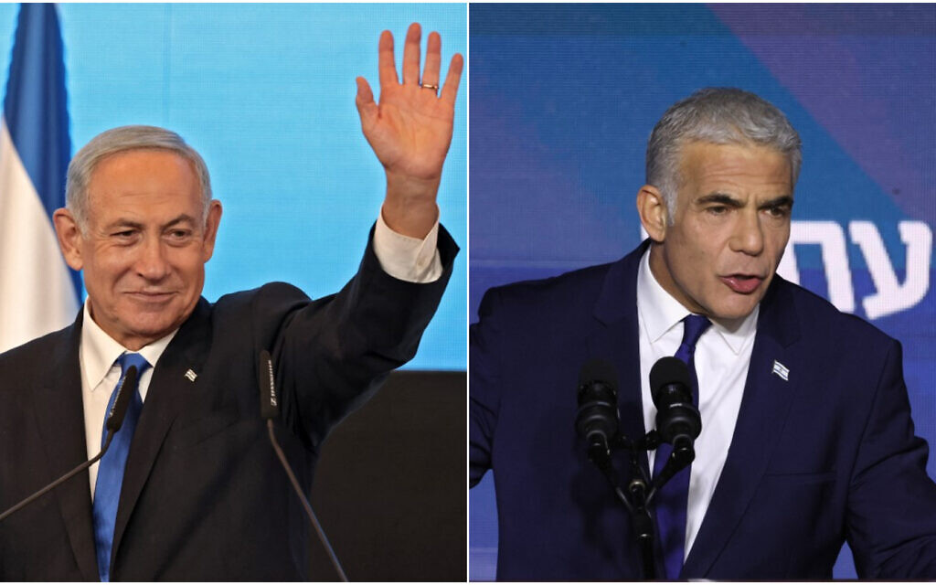 MONTAGE : Le leader du Likud, Benjamin Netanyahu, et le Premier ministre sortant, Yair Lapid. (Crédit : Ronaldo Schemidt/AFP et Jack Guez/AFP)