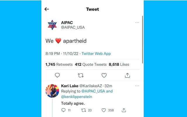 Un tweet provenant d'un compte se faisant passer pour l'AIPAC est resté en ligne pendant des heures jeudi soir, l'un des nombreux signes du chaos qui règne sur Twitter depuis son acquisition par Elon Musk. (Capture d'écran via JTA)
