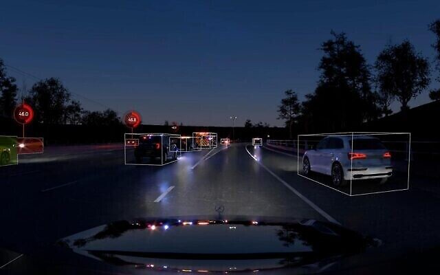 Simulation du système de conduite de Nvidia la nuit. (Crédit : Nvidia)