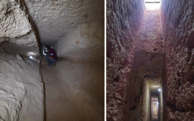 Ce montage photo montre le tunnel découvert sous l’ancien temple égyptien Taposiris Magna, près d’Alexandrie, en novembre 2022 (Crédit : Ministère égyptien du Tourisme et des Antiquités)