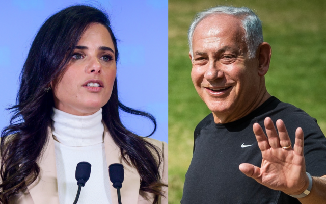 La cheffe du parti HaBayit HaYehudi Ayelet Shaled, à gauche, s'exprime lors d'une conférence de presse à Ramat Gan, le 25 octobre, et le leader du Likud, Benjamin Netanyahu, à droite, lors d'une promenade matinale, le 2 novembre 2022. (Crédit : Avshalom Sassoni ; Yonatan Sindel/Flash90)