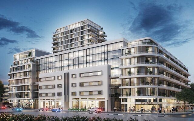 Un rendu numérique d'un plan de développement visant à construire un complexe de quatre bâtiments à usage mixte, dont une tour de 17 étages et un immeuble résidentiel de 200 appartements dans le quartier bohème de Florentin à Tel Aviv, en décembre 2022. (Crédit : Cityel/Florentin Square)