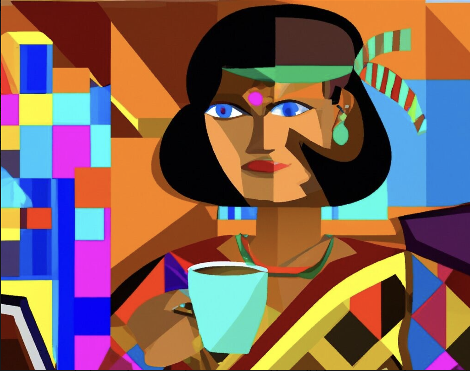  Une image créée par DALL-E, un modèle d'apprentissage profond développé par OpenAI, à l'invite de Shoshanna Solomon : " Femme journaliste assise à son bureau avec un ordinateur portable et une tasse de café chaude dans le style cubiste ", en décembre 2022. (Crédit : Image générée par DALL-E)