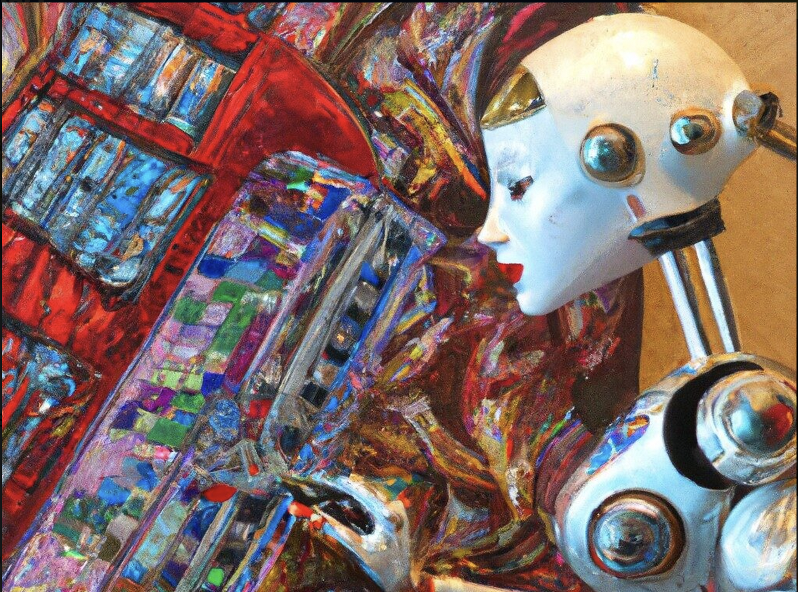  Une image numérique générée par la technologie de l'intelligence artificielle DALL-E à partir de l'invite : " Robot humanoïde créant de l'art sur une toile avec de nombreuses couleurs dans le style Art nouveau », en décembre 2022. (Crédit : Image générée avec l'aide de DALL-E)