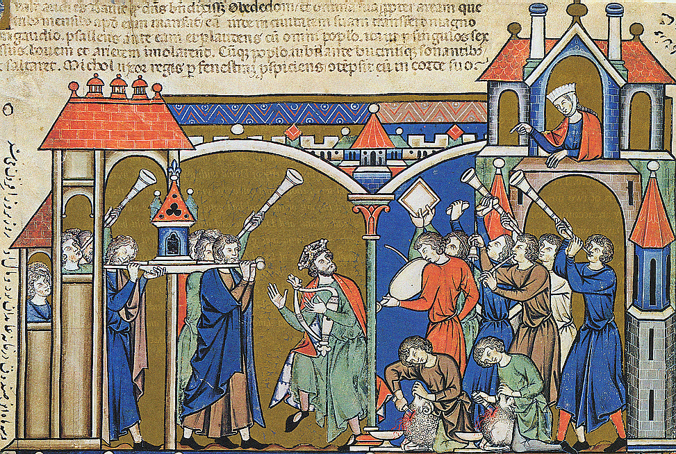 Illustration de la bible de Maciejowski, au 13e siècle, montrant David amenant l'arche à Jérusalem. (Crédit : Domaine public)