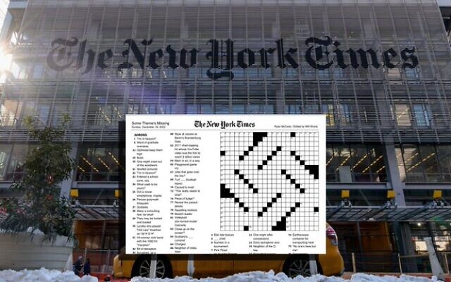 La grille de mots croisés du New York Times avec les bureaux en arrière-plan. (Capture d'écran : Twitter)