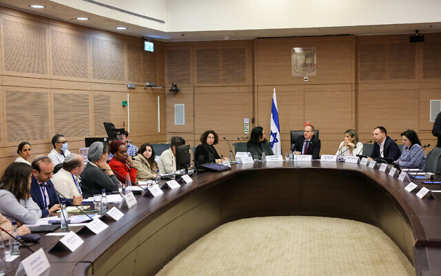 La commission de l'Immigration, de l'Intégration et des Affaires de la diaspora, lors d'une réunion à la Knesset, le 18 janvier 2023. (Crédit : Noam Moskowitz/Knesset)