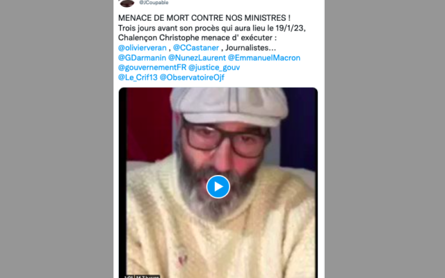 Un tweet dénonçant les propos et menaces du militant antisémite et "gilet jaune" Christophe Chalençon. (Crédit : Twitter)