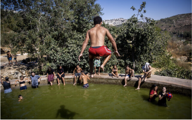 Des personnes profitant d'une chaude journée d'été à la source Ein Lavan, dans les montagnes de Jérusalem, le 28 juillet 2021. (Crédit : Yonatan Sindel/Flash90)