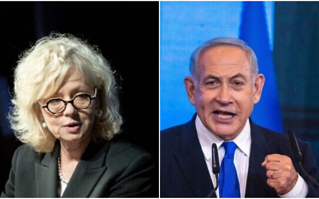A gauche, Gali Baharav-Miara, le 8 février 2022. (Crédit : Yonatan Sindel/Flash90) et à droite, Benjamin Netanyahu, le 2 novembre 2022. (Crédit : Olivier Fitoussi/Flash90)