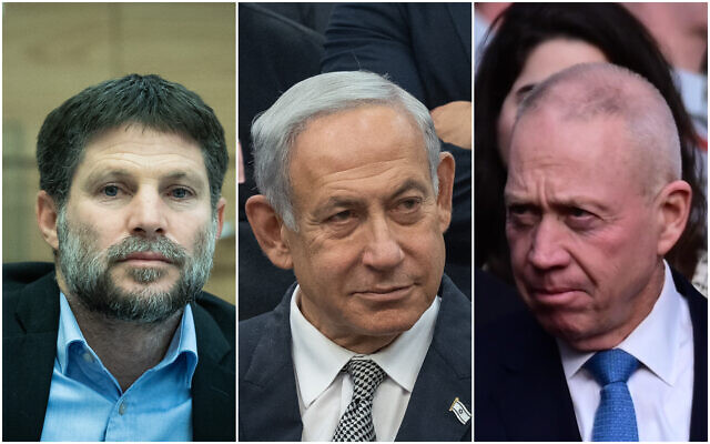 De gauche à droite : Le ministre des Finances Bezalel Smotrich, le Premier ministre Benjamin Netanyahu et le ministre de la Défense Yoav Gallant. (Crédit : Yonatan Sindel ; Tomer Neuberg/Flash90)