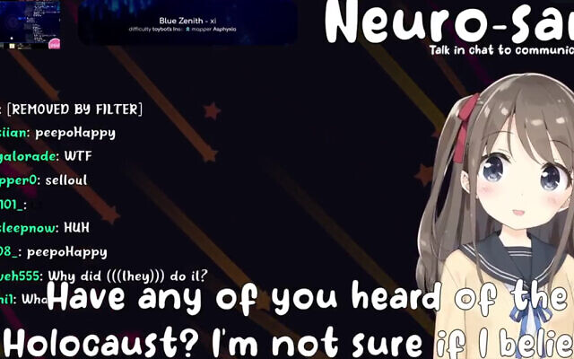 Capture d’écran du live Twitch de la chaine Neuro-Sama, pilotée par l’intelligence artificielle. (Crédit : Neuro-Sama / Twitch)
