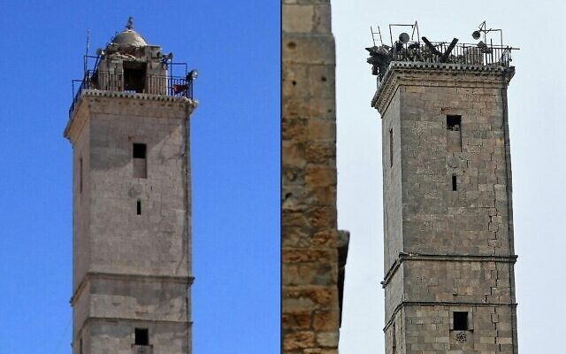 Ce montage d'images créé le 6 février 2023 montre une photo prise le 3 juillet 2016 montrant le minaret de la mosquée à l'intérieur de la citadelle classée par l'UNESCO, dans la ville d'Alep, au nord de la Syrie, contrôlée par le régime (L), et une photo prise le 6 février 2023 de la même tour après un tremblement de terre. (Crédit : AFP)