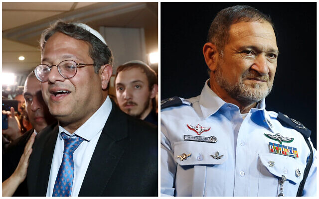 Le député HaTzionout HaDatit Itamar Ben Gvir (à gauche) et le commissaire de police Kobi Shabtai. (Crédit : Composite/Flash90)