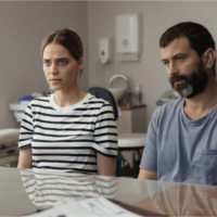 Rotem Sela, à gauche, et Yehuda Levi jouant le rôle d'un couple infertile dans "Third Body", une nouvelle série de Keshet Media dont la première est prévue pour février 2023. (Crédit : Michael Tumarkin)