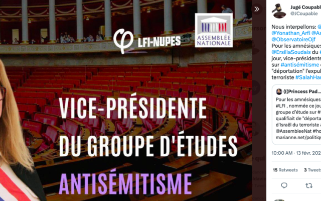 Un tweet de la page @JCoupable au sujet d’Ersilia Soudais, députée NUPES vice-présidente du groupe d'études sur l'antisémitisme.