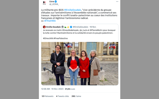 Capture d’écran d’un tweet de la Licra répondant à la députée française NUPES Ersilia Soudais, le 18 février 2023.