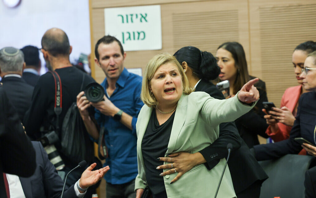 Des législateurs de l'opposition sont expulsés de la réunion de la commission de la Constitution, du droit et de la justice de la Knesset, le 13 février 2023 (Crédit : Yonatan Sindel/Flash90).