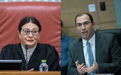 L'image composite montre la présidente de la Cour suprême Esther Hayut, à gauche, et le député Simcha Rothman, à droite. (Yonatan Sindel/Flash90)