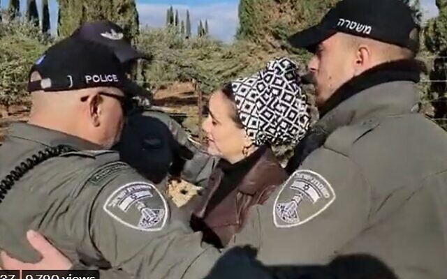 La députée d'Otzma Yehudit Limor Son Har Melech entourée par la police alors qu'elle tente d'empêcher les forces de l'ordre d'accéder à un verger en vue de sa destruction, le 15 février 2023. (Crédit : Twitter)