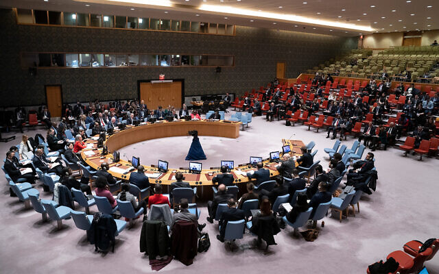 Illustration : une réunion du Conseil de sécurité au siège des Nations unies à New York, le 12 janvier 2023. (Crédit : AP Photo/John Minchillo)