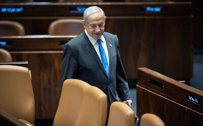 Le Premier ministre Benjamin Netanyahu à la Knesset de Jérusalem, le 6 février 2023. (Crédit : Yonatan Sindel/Flash90)