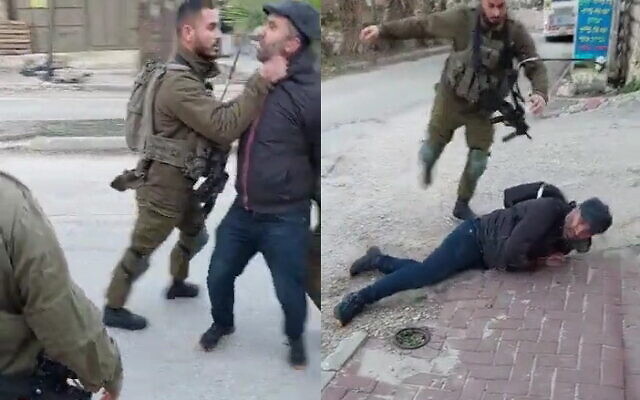 Un soldat israélien en train d'agresser Issa Amro, un activiste palestinien à Hébron, le 13 février 2023. (Crédit : Twitter)