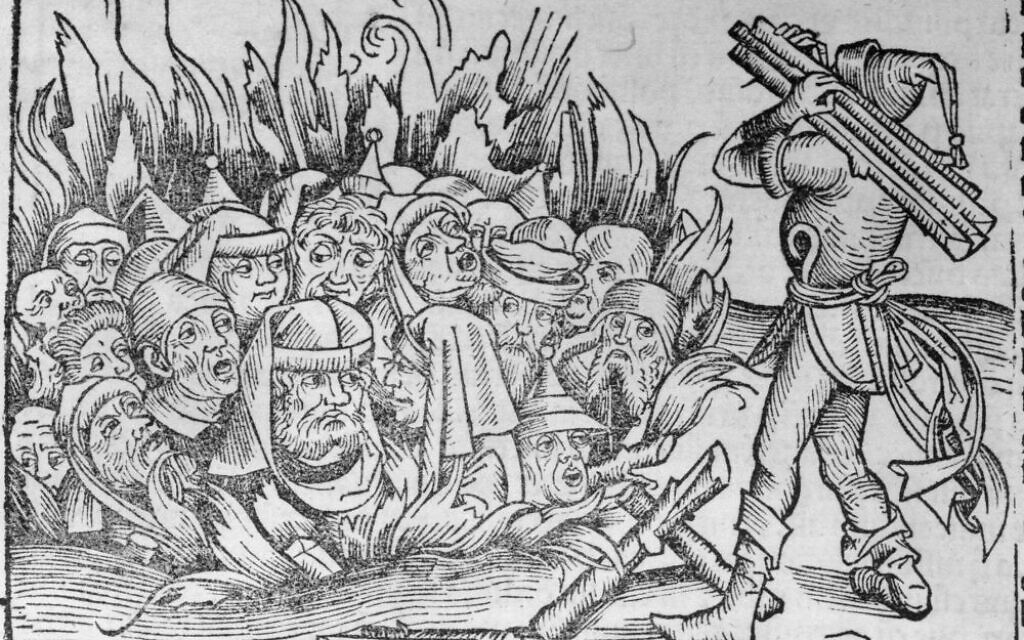 Illustration montrant des Juifs brûlés pendant l'Inquisition (Crédit : Domaine public)