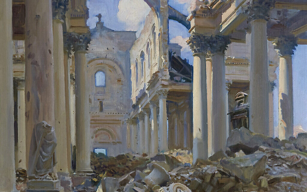 La cathédrale en ruine d'Arras de John Singer Sargent, 1918. (Crédit : Collection Houghton Hall, Norfolk, Royaume-Uni. Anciennement dans la collection Sir Philip Sassoon)