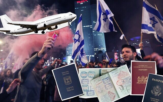 Certains Israéliens tentent de quitter le pays en raison des bouleversements politiques, selon des témoignages d'Israéliens et d'organisations qui les aident à émigrer. (Crédit: Collage de Grace Yagel/JTA)